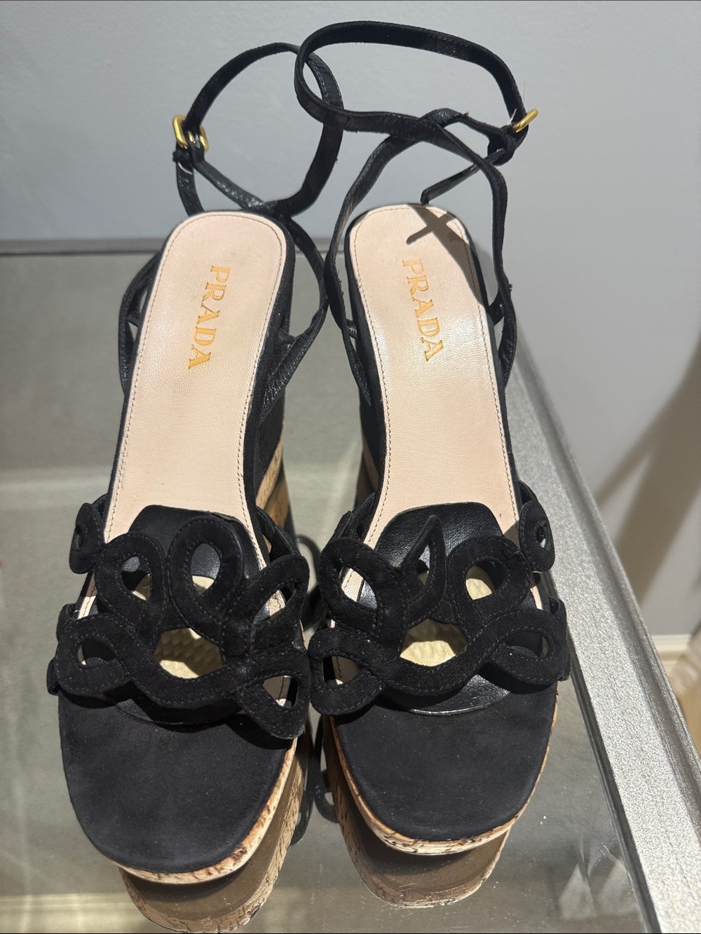 Prada Black Suede Cutout Wedge Sandals, size 37